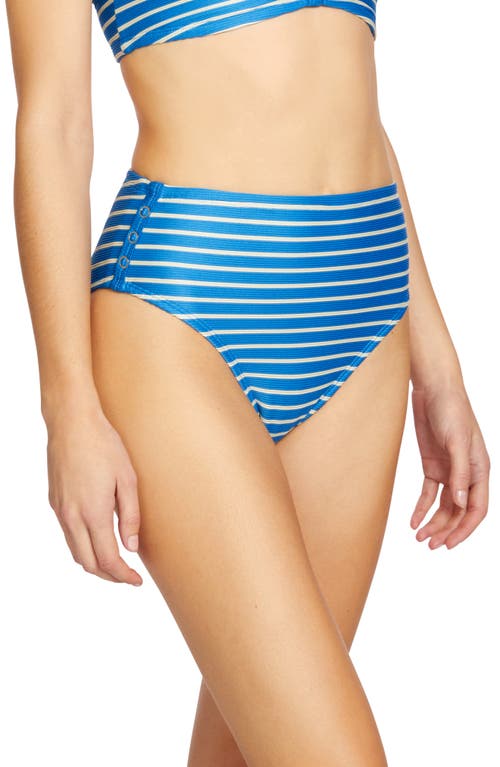 Robin Piccone Parker Stripe High Waist Rib Bikini Bottoms In Hydra/ecru