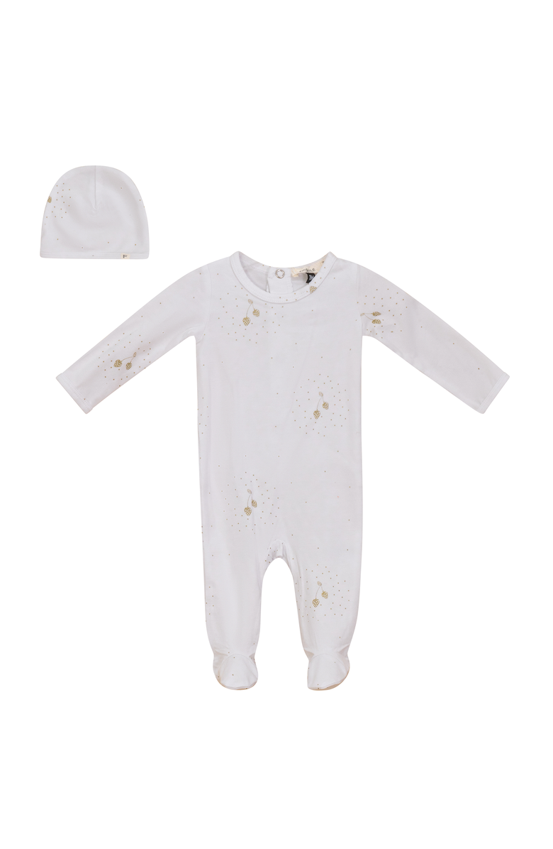 Fragile Allover Strawberry and Dot Print Romper with Hat Set, Main, color, White