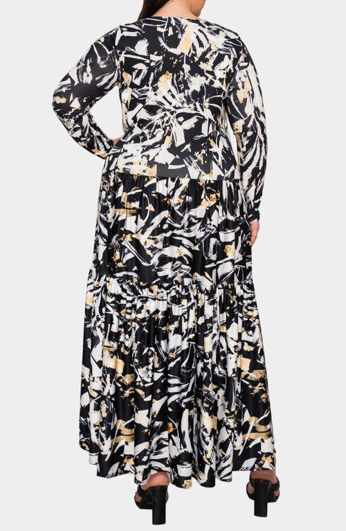 L I V D Zimmern Printed Tiered Long Sleeve Maxi Dress In Black Taupe
