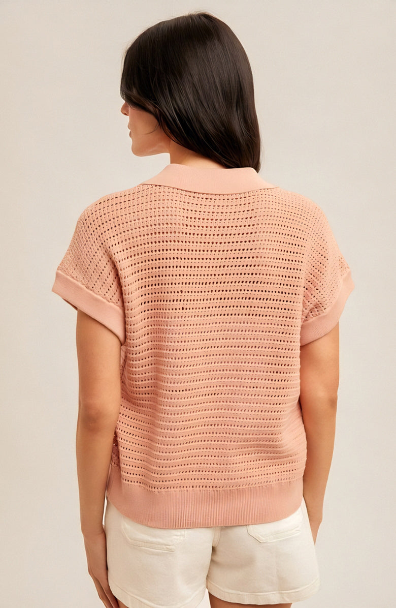 Knit and Lounge Short-Sleeve Collared Pointelle Knit Top, Alternate, color, Coral
