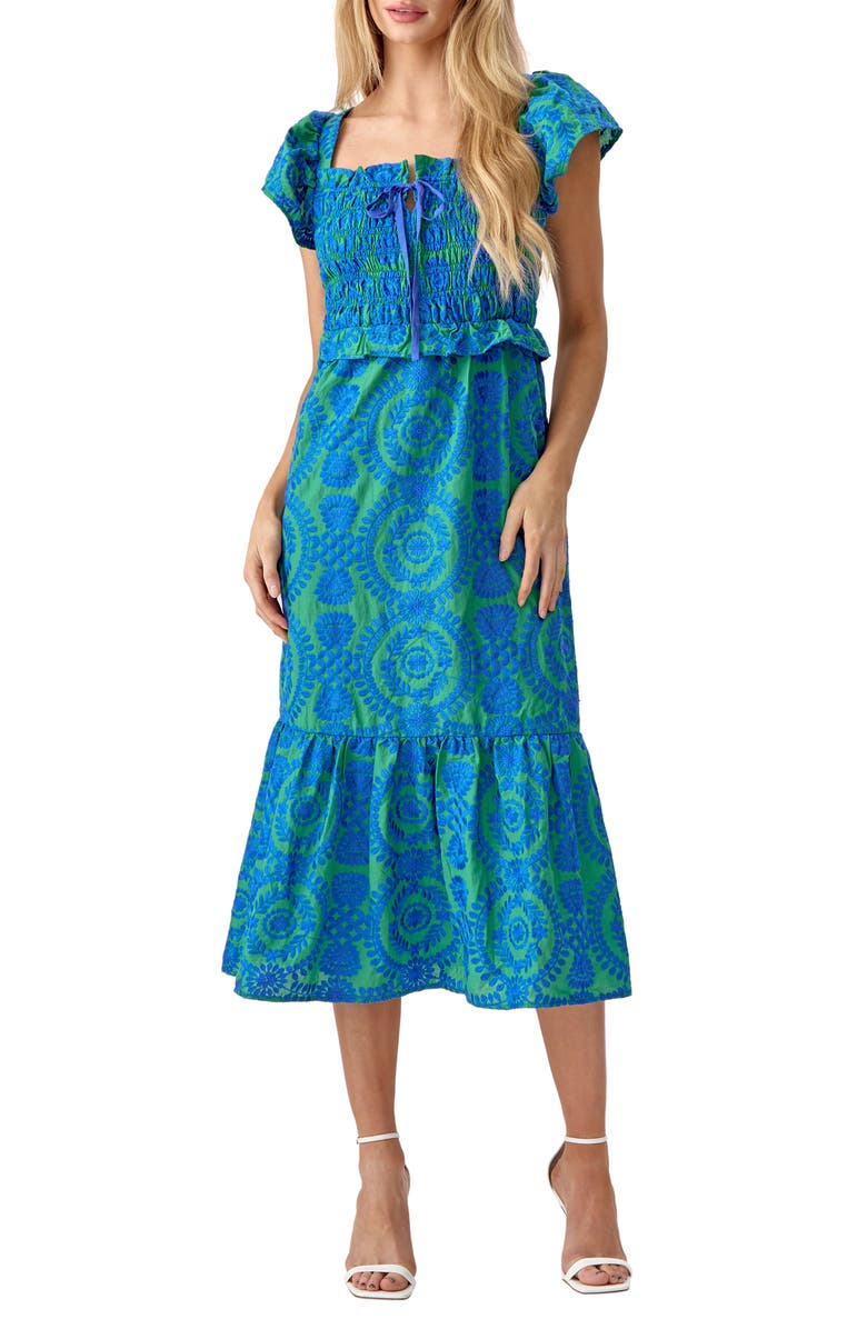 Adelyn Rae Selene Embroidered Smocked Cotton Midi Dress, Main, color, 