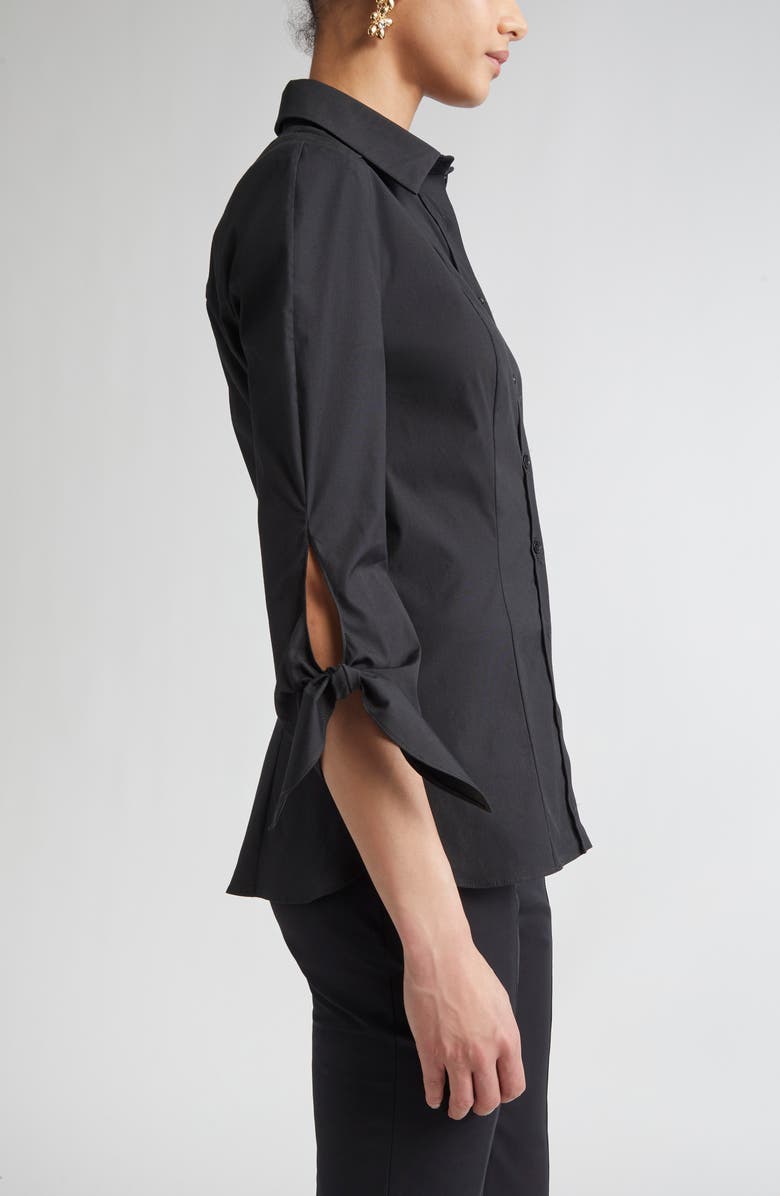 Carolina Herrera Tie Cuff Cotton Blend Button-Up Shirt, Alternate, color, Black