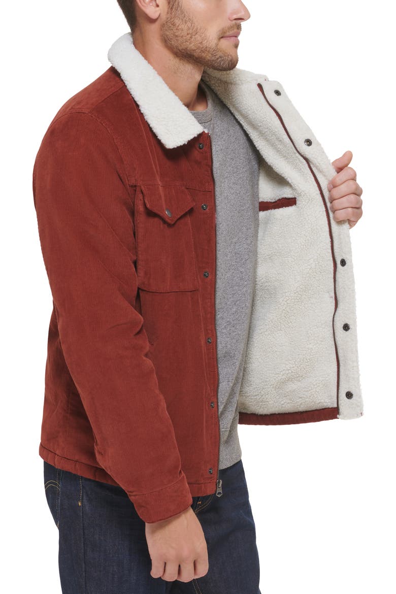 Faux Shearling Lined Corduroy Trucker Jacket, Alternate, color, RUST