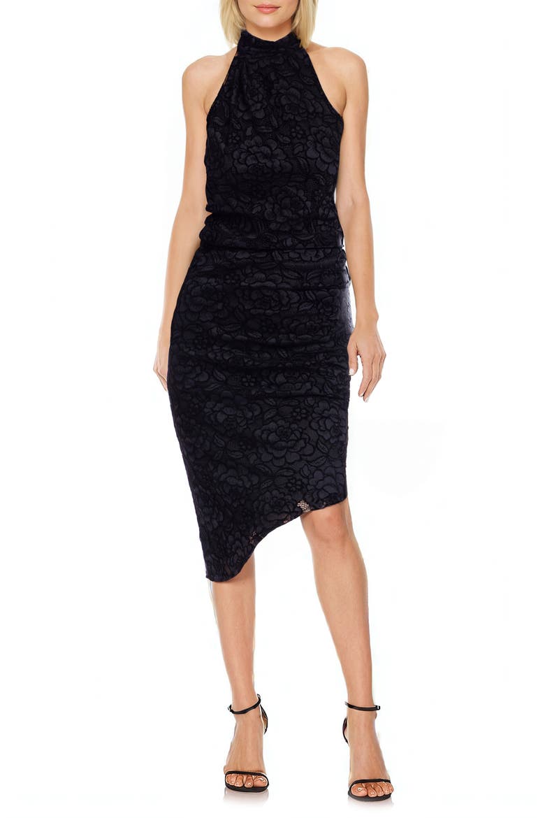 Stretch Lace Asymmetric Body-Con Cocktail Dress, Alternate, color, BLACK