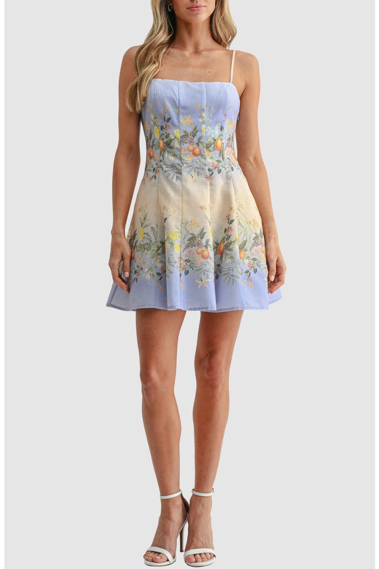 Pleated Square Neck Fit & Flare Dress, Main, color, BLUE PRINT