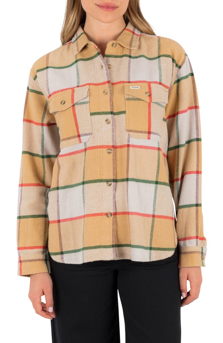 Hurley Wander Plaid Flannel Button-Up Shirt, Main, color, Beige/ Lilac Marble