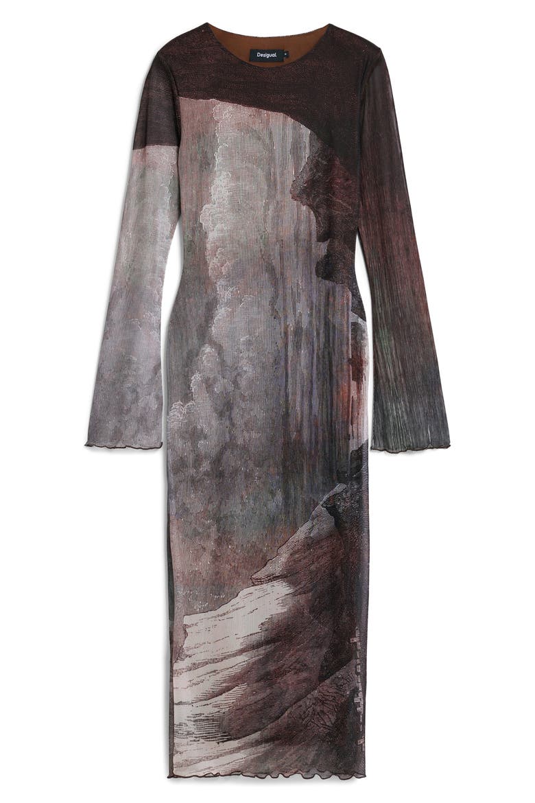 Abstract Print Long Sleeve Mesh Midi Dress, Alternate, color, DARK BROWN