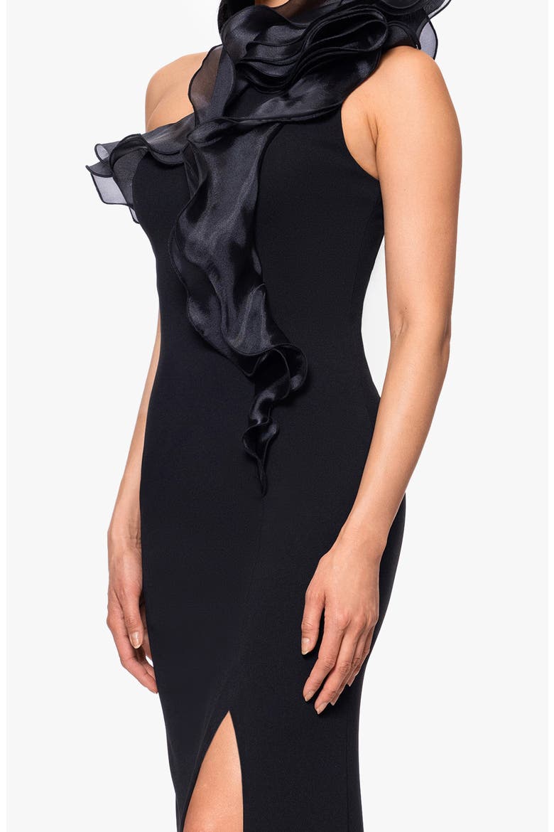 Organza Ruffle One-Shoulder Scuba Crepe Gown, Alternate, color, BLACK