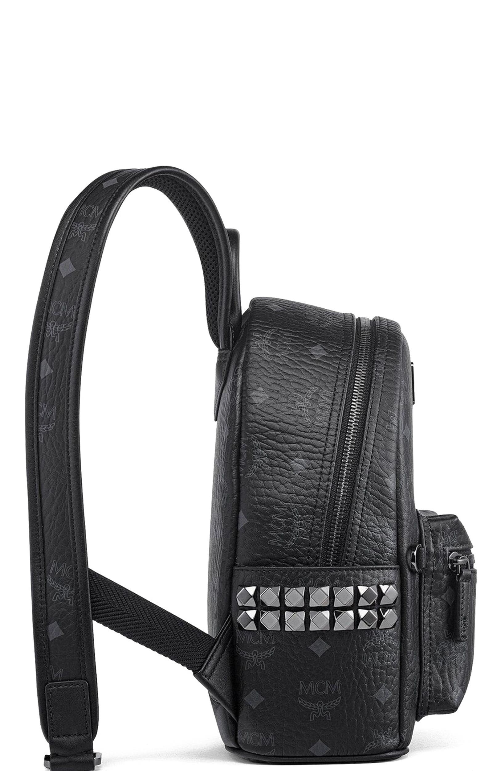 MCM Stark Side Studs Backpack in Visetos, Alternate, color, Black