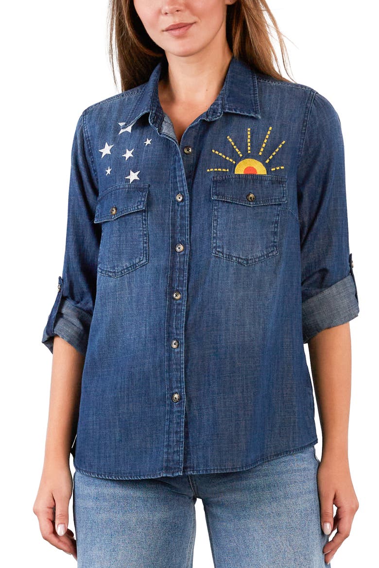 Hello Sunshine Embroidered Button-Up Shirt, Alternate, color, DUSK DENIM