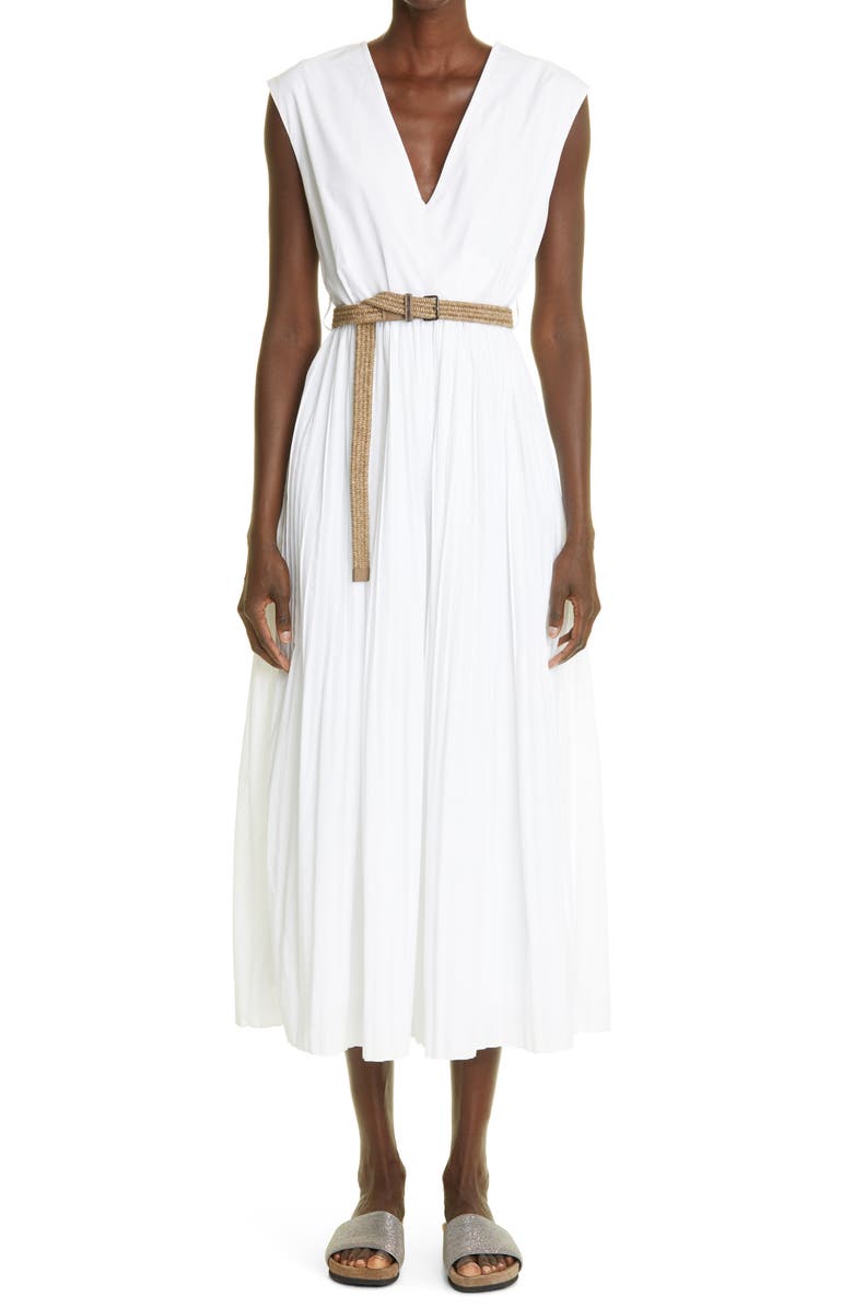 Brunello Cucinelli Belted Sleeveless Poplin Midi Dress, Alternate, color,
