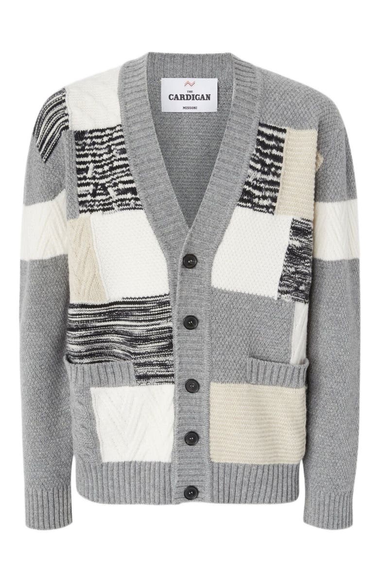 Missoni The Cardigan In Pure Wool With Flame And Zigzag Inserts, Alternate, color, Beige & Grey