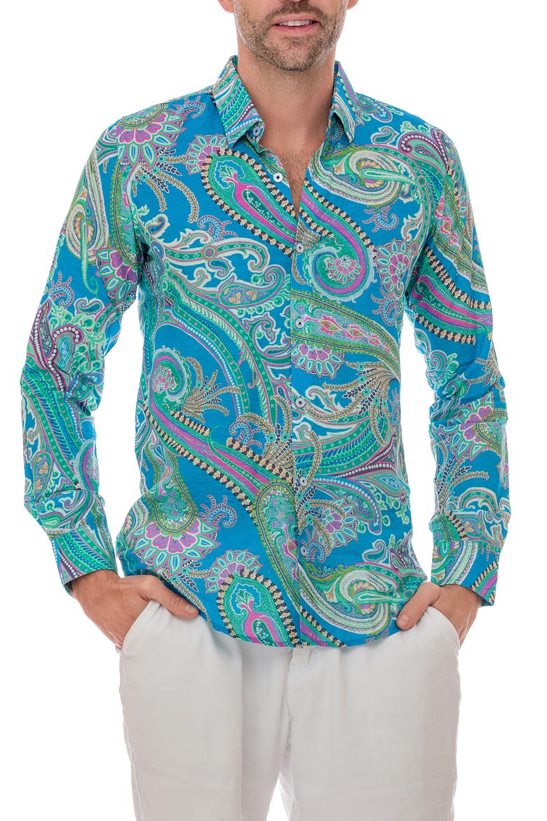 Paisley Linen Blend Button-Up Shirt, Main, color, SEA FOAM