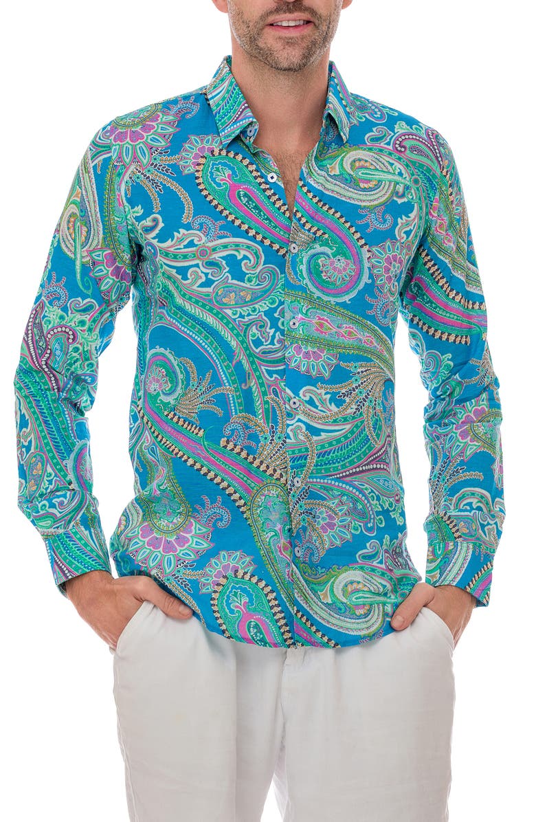 RANEES Paisley Linen Blend Button-Up Shirt, Main, color, Sea Foam