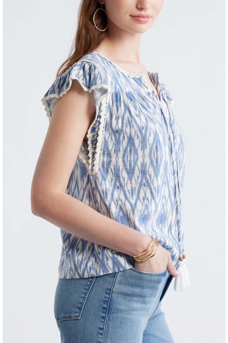 Crochet Trim Linen Blend Top, Alternate, color, IVORY- BLUE DIAMOND IKAT