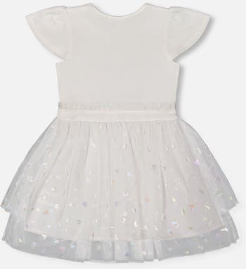 Girl's Bi-Material Dress With Glitter Hearts Skirt Snow White