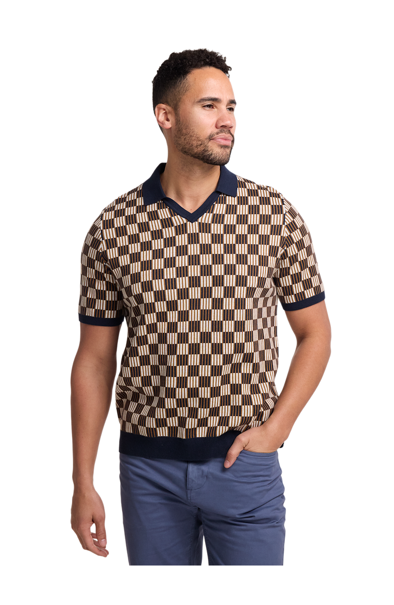 Paul Fredrick Cotton V-Neck Polo Short Sleeve, Alternate, color, Navy/Brown