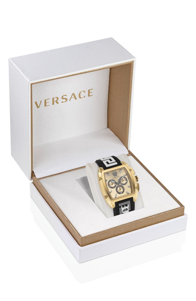 Versace Dominus Chronograph Silicone Strap Watch, 42mm, Alternate, color, Ip Yellow Gold