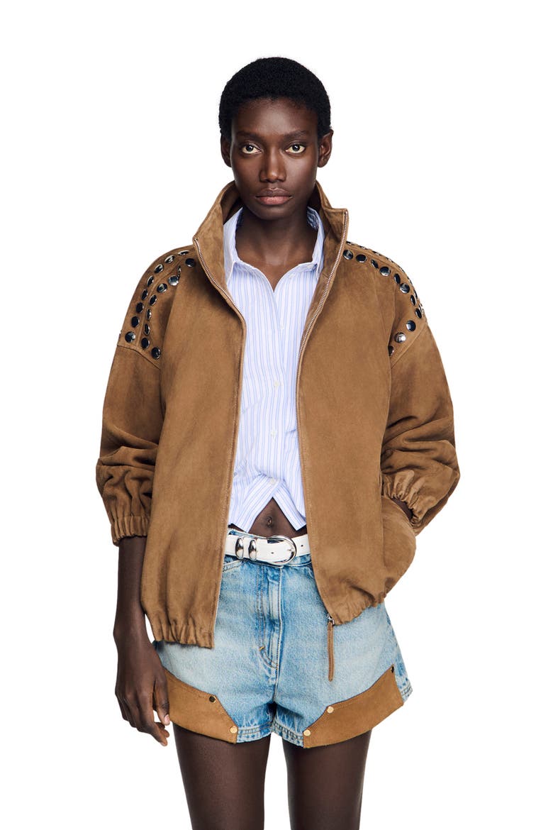 Studded suede jacket, Alternate, color, Camel