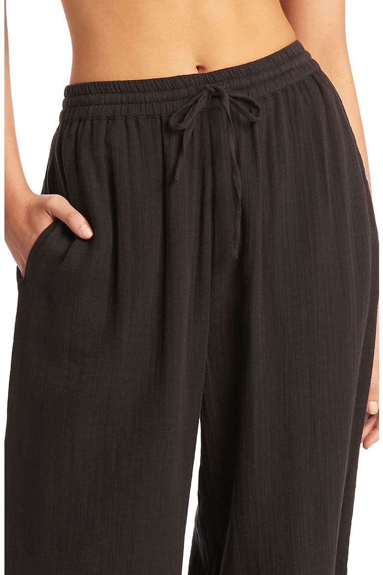 Sunset Beach High Waist Cotton Gauze Cover-Up Pants, Alternate, color, BLACK
