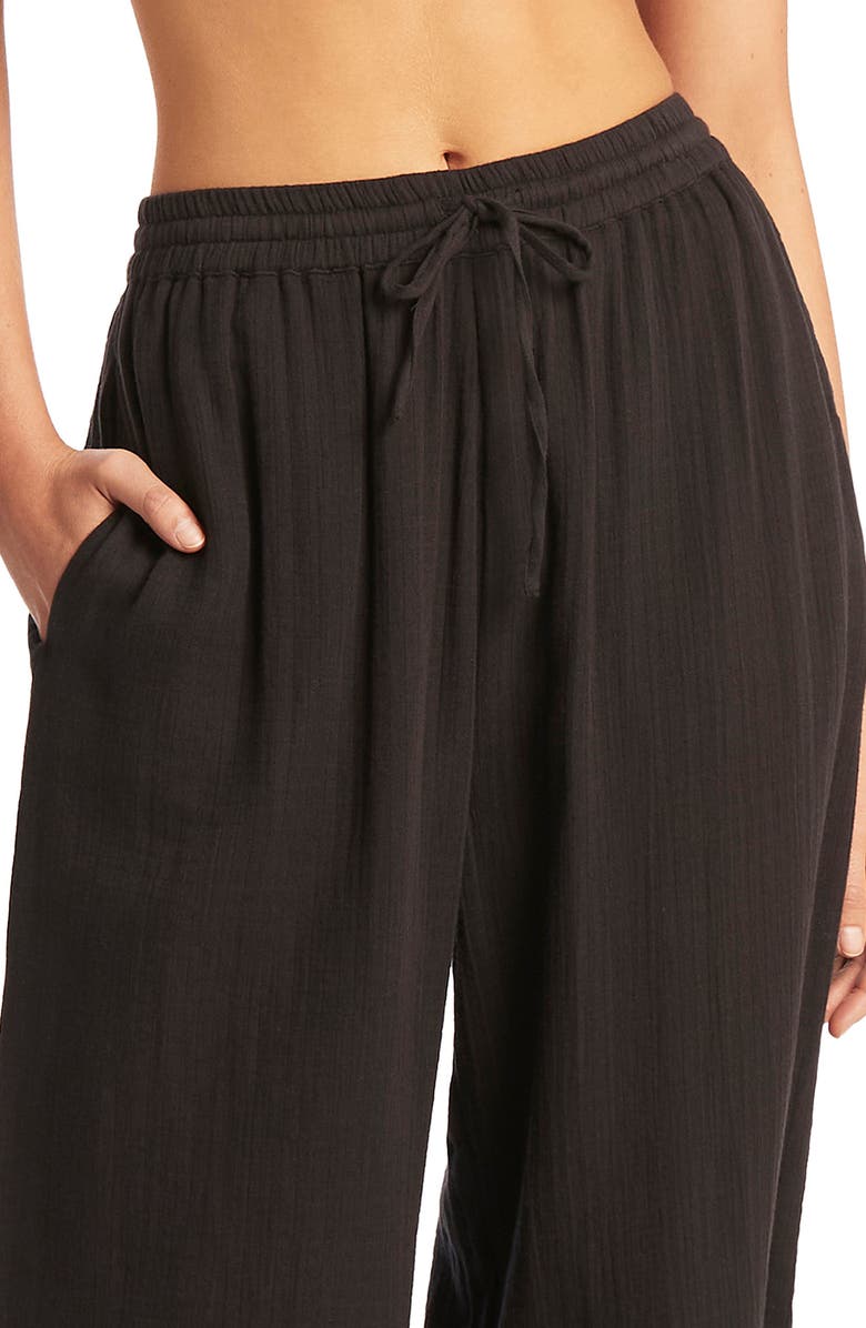 Sea Level Sunset Beach High Waist Cotton Gauze Cover-Up Pants, Alternate, color, Black