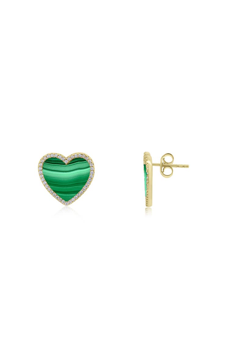 Large Malachite CZ Halo Heart Stud Earrings, Main, color, Malachite