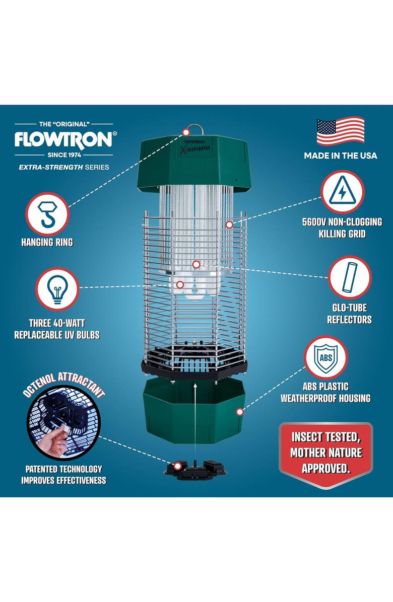 Flowtron 2 Acres Electric Bug Zapper, 120W Outdoor Bug Zapper with Dual Lure Method, UV Light & More, Alternate, color, Green