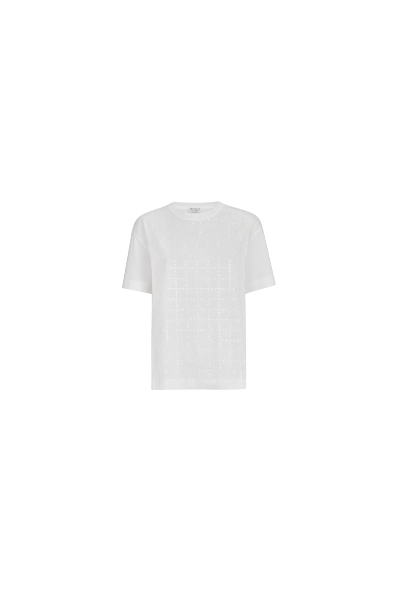 Cotton jersey T-shirt with dazzling windowpane embroidery, Alternate, color, White