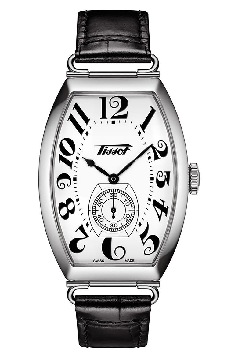 Heritage Porto Leather Strap Watch, 42.5mm x 31mm, Main, color, BLACK/ WHITE/ SILVER