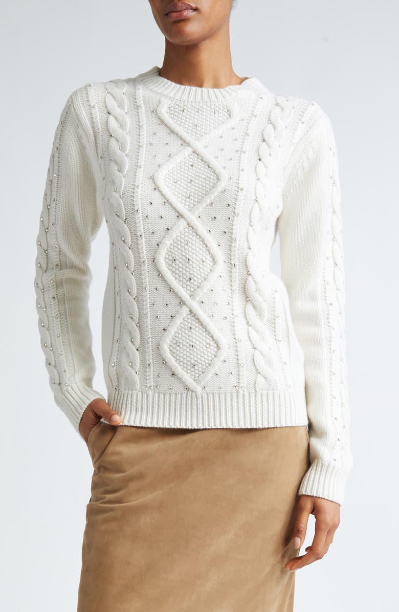 Max Mara Onde Embellished Cable Stitch Wool & Cashmere Sweater, Main, color, White