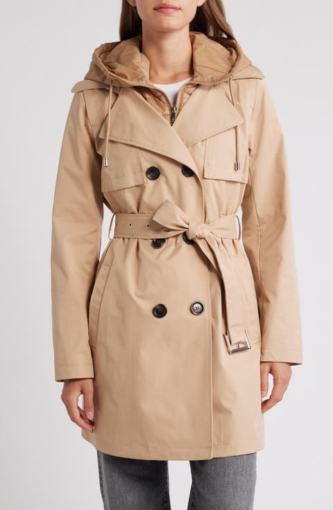 Double Breasted Trench Coat with Removable Hooded Bib