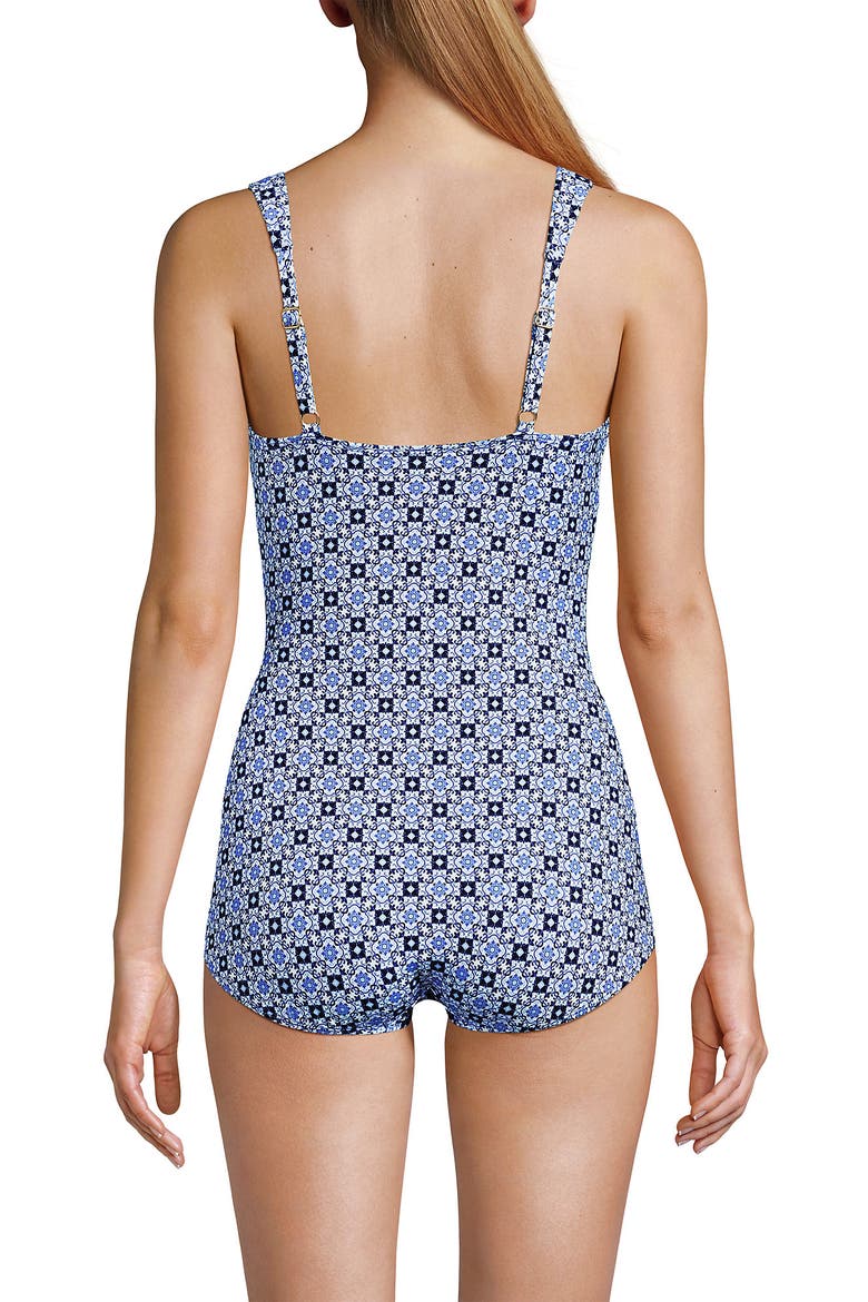 SlenderSuit V-neck Skirted Low Leg One Piece, Alternate, color, Lake Blue Geo Floral