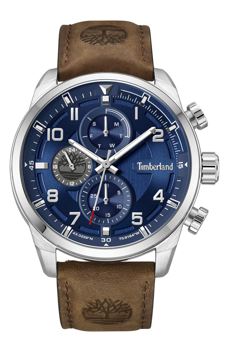 Timberland Henniker II Multifunction Leather Strap Watch, 46mm, Main, color, 