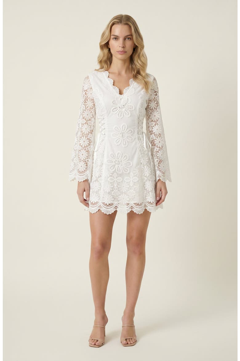 Floral Applique Long Sheer Sleeve Lace-Up Mini Dress, Main, color, White
