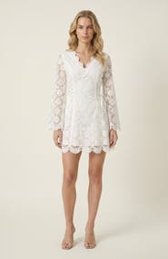 Modenaire Floral Applique Long Sheer Sleeve Lace-Up Mini Dress