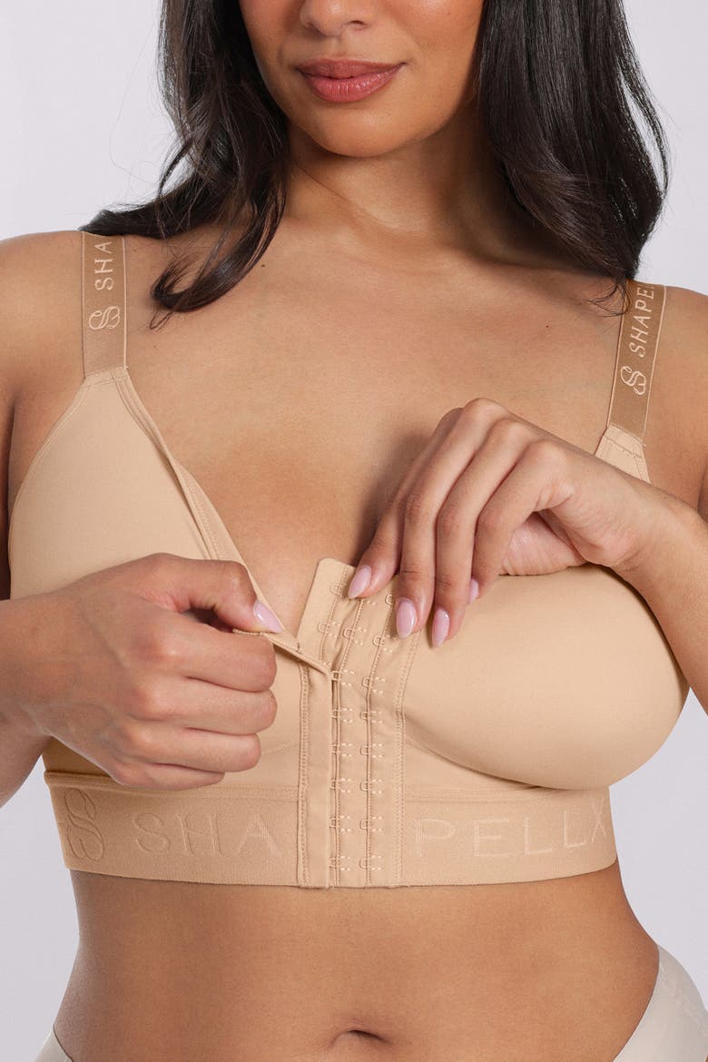 Wireless Front Closure Back Smoothing Unlined Adjustable Strap Everyday Bra, Alternate, color, Beige