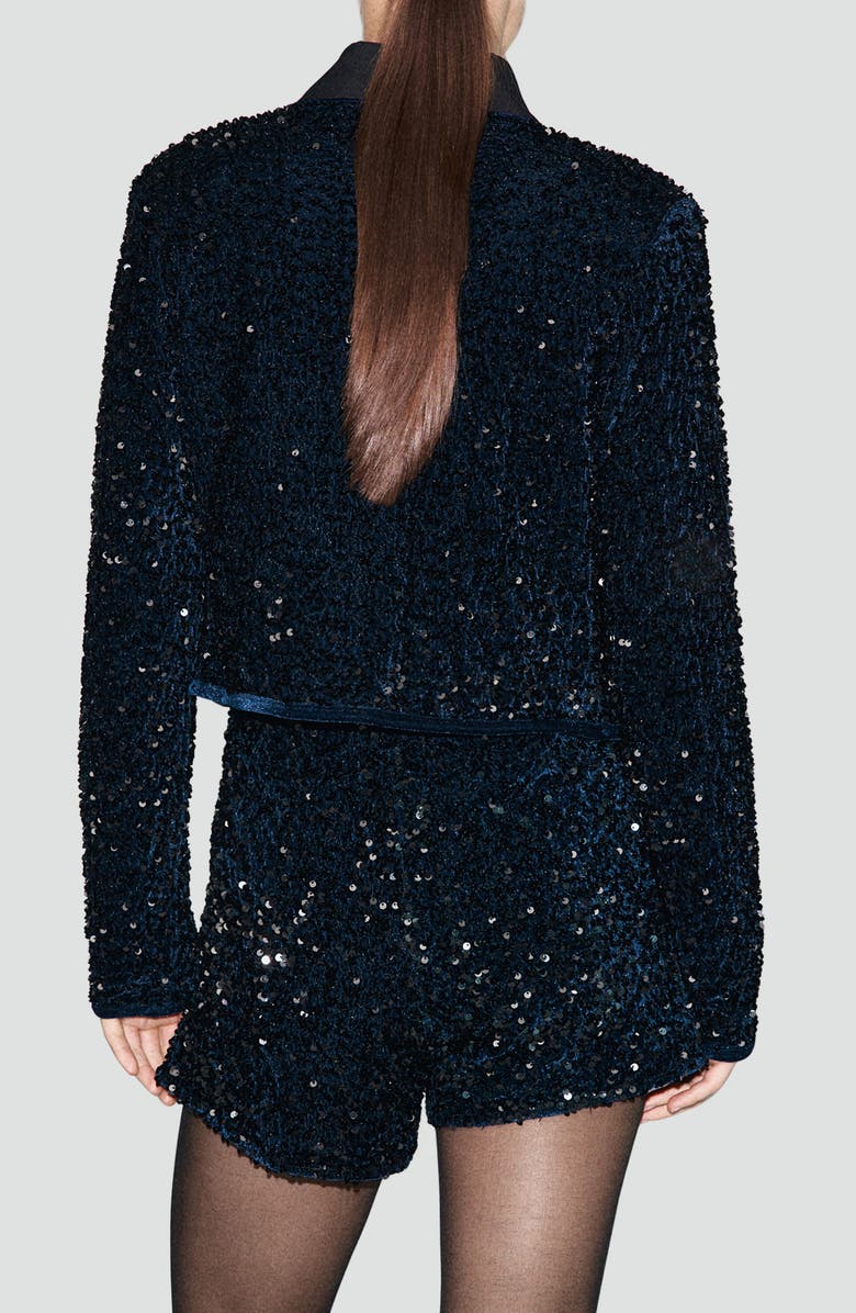 MANGO Sequin Velvet Tie Neck Jacket, Alternate, color, Navy