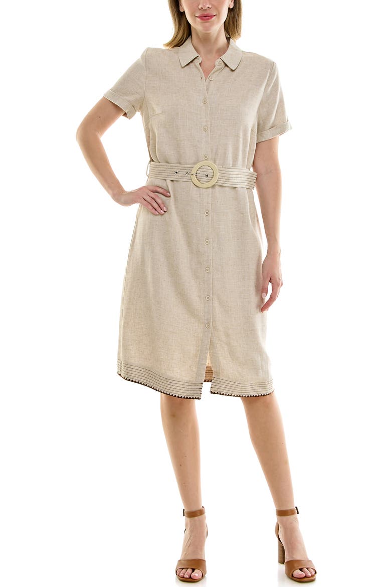 Embroidered Short Sleeve Midi Shirtdress, Alternate, color, HEATHER TAN