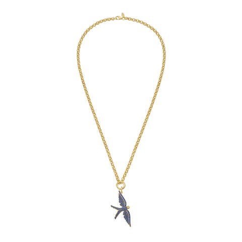 14K Gold Wings of Love Sapphire Swallow Charm Rolo Necklace