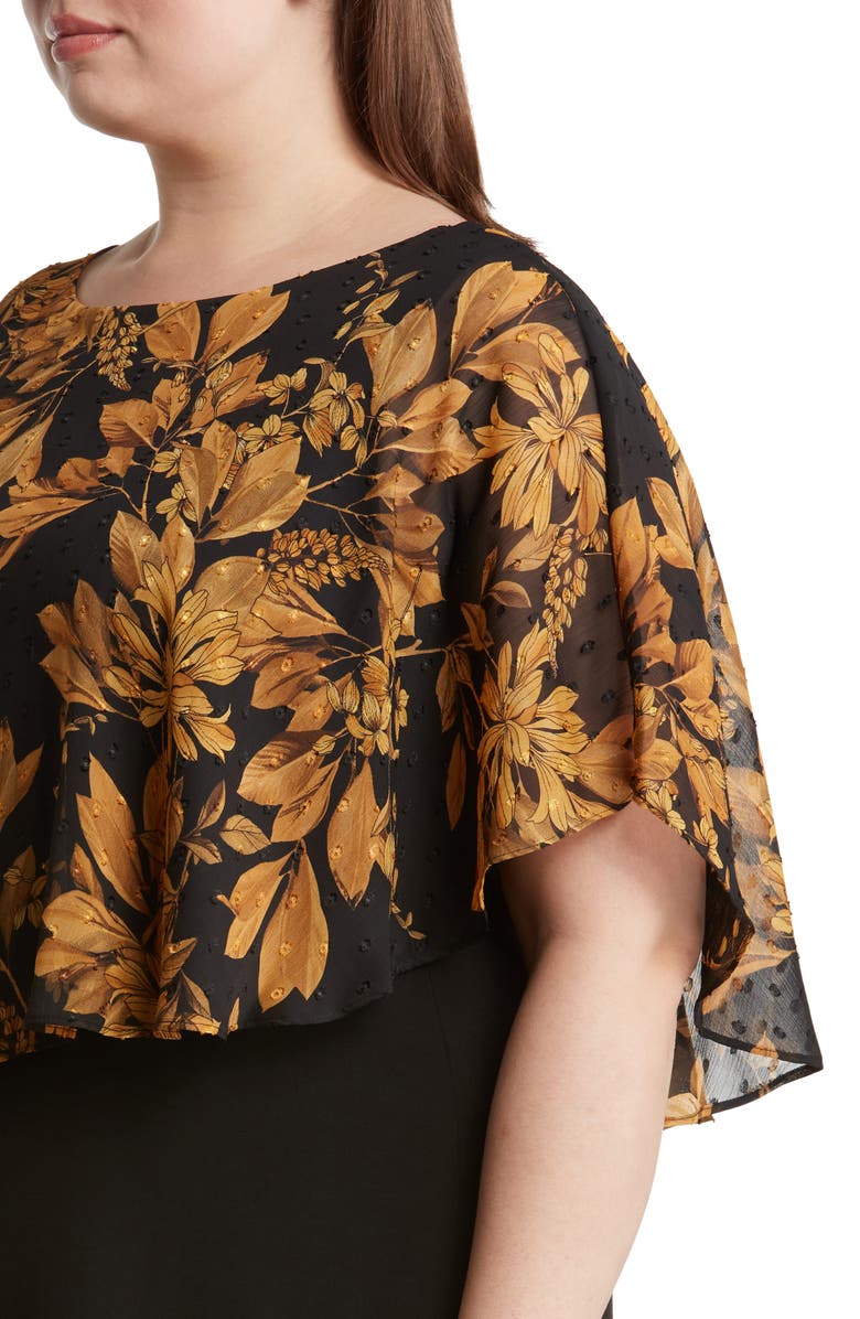 Connected Apparel Floral Cape Overlay Sheath Dress, Alternate, color, Mustard