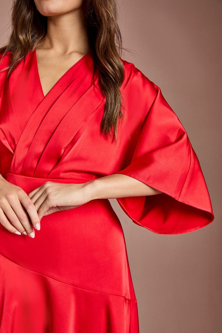 Satin Back Crepe Ruffle Wrap Midi Dress, Alternate, color, Flame Red