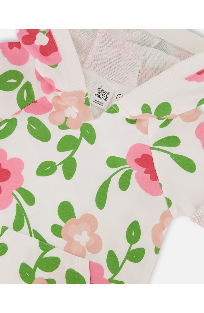 Deux par Deux Girl's Printed French Terry Hooded Dress Pink Flowers On White Background, Alternate, color,