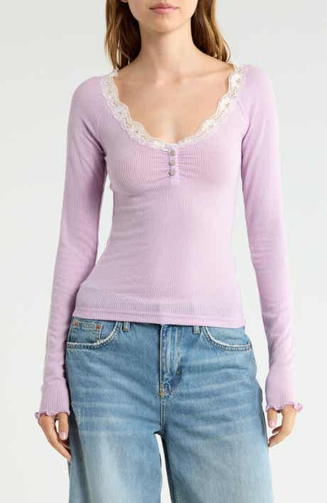 Diana Lace Trim Crop Rib Knit Henley