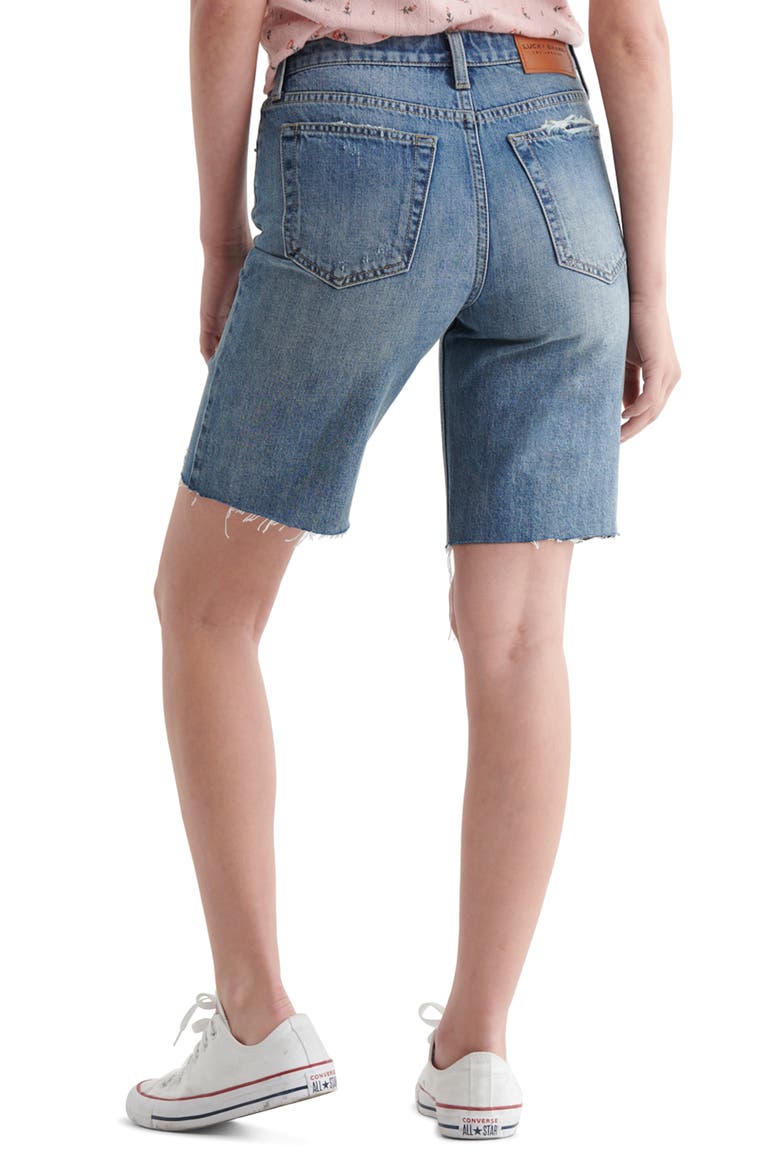 Destroyed Hem Cutoff Denim Bermuda Shorts, Alternate, color, DELTA