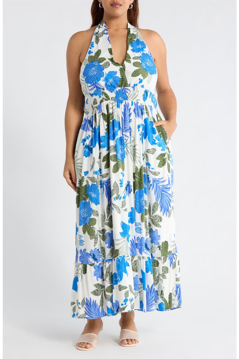 Zurie Floral Niam Smocked Midi Dress, Main, color, WHT-BLUE-GREEN