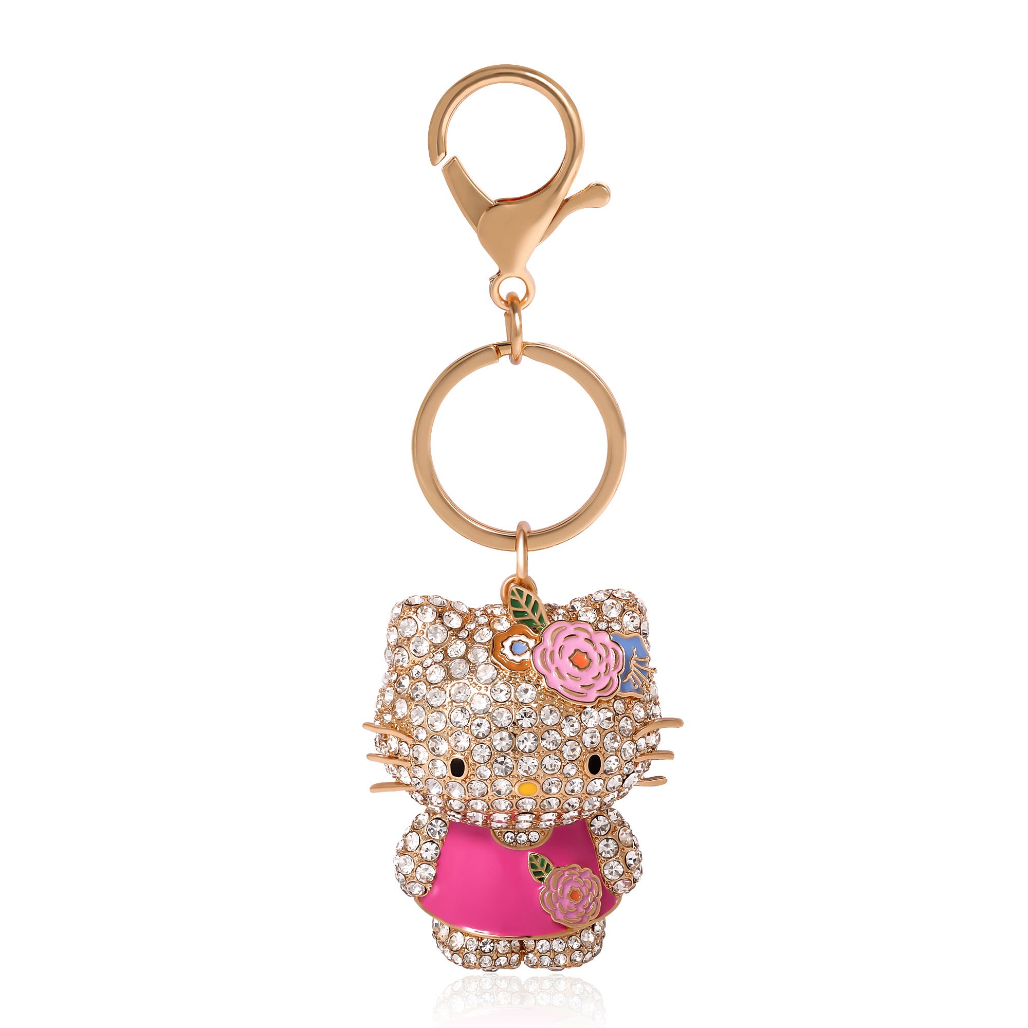 Hello Kitty Sanrio Hello Kitty Pink Crystal Flower Bling Keychain Bag Charm, Main, color, Pink/Gold