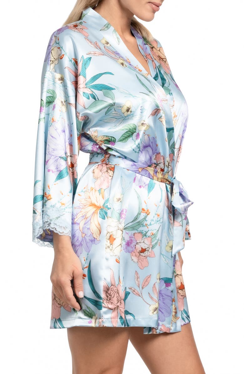 In Bloom by Jonquil Josie Lace Trim Stretch Satin Robe, Alternate, color, Sky Blue
