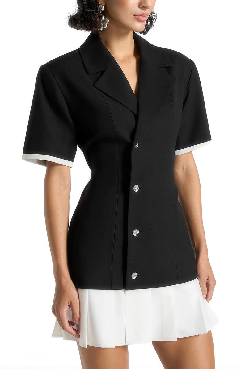 Manière De Voir Baya Tailored Cinch Waist Pleated Blazer Dress, Alternate, color, Black