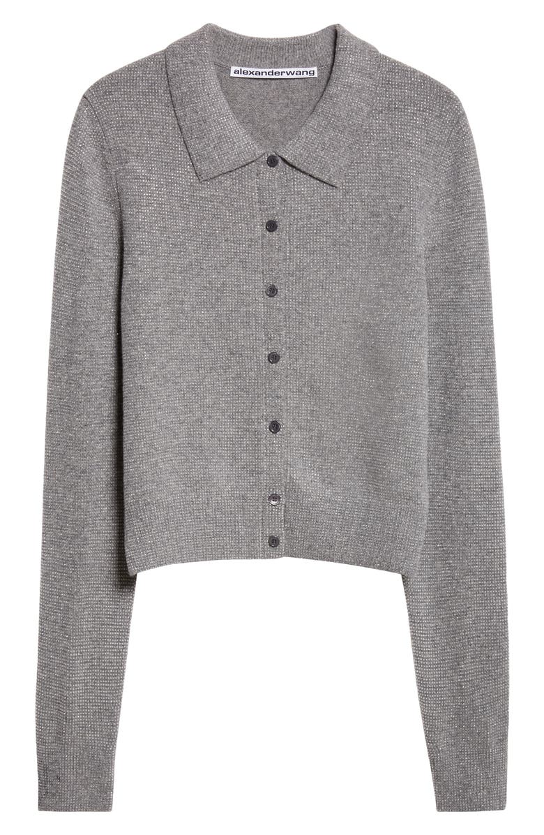 Alexander Wang Crystal Hotfix Wool Blend Polo Cardigan, Alternate, color, Heather Grey