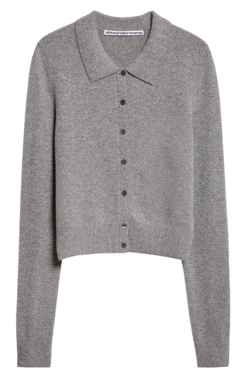 Alexander Wang Crystal Hotfix Wool Blend Polo Cardigan In Gray